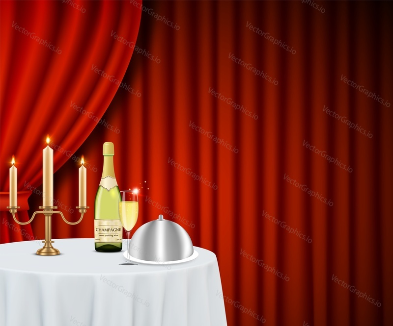 Restaurant poster banner template. Vector realistic illustration of round dining table with white tablecloth, champagne bottle and glass, candlestick with burning candles, plate covered with dome lid.