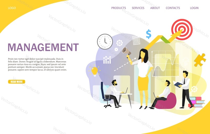 Business management landing page website template. Vector illustration. Business administration, accounting or marketing concept.