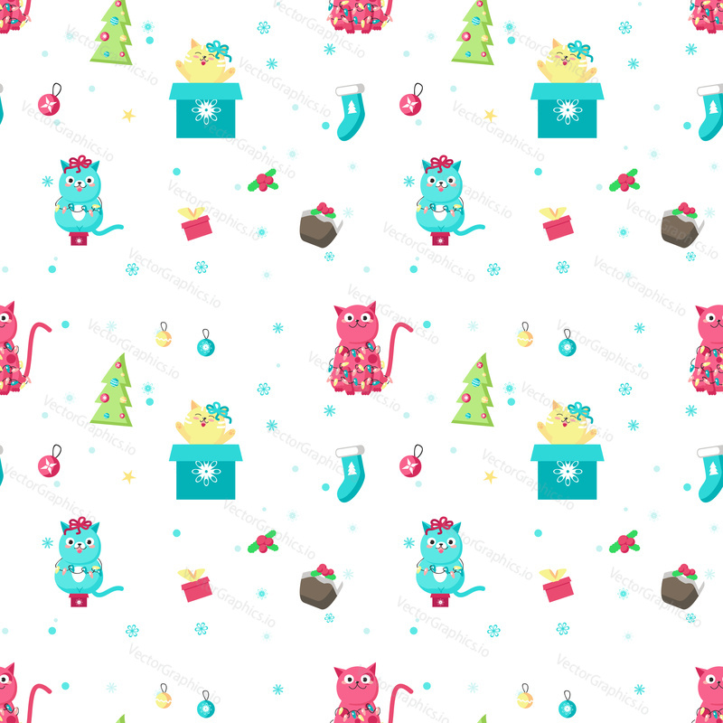 Vector seamless pattern with gift boxes, holly berries, xmas trees, balls, socks and cute cats with christmas tree lights. Christmas cats background, wallpaper, fabric, wrapping paper.