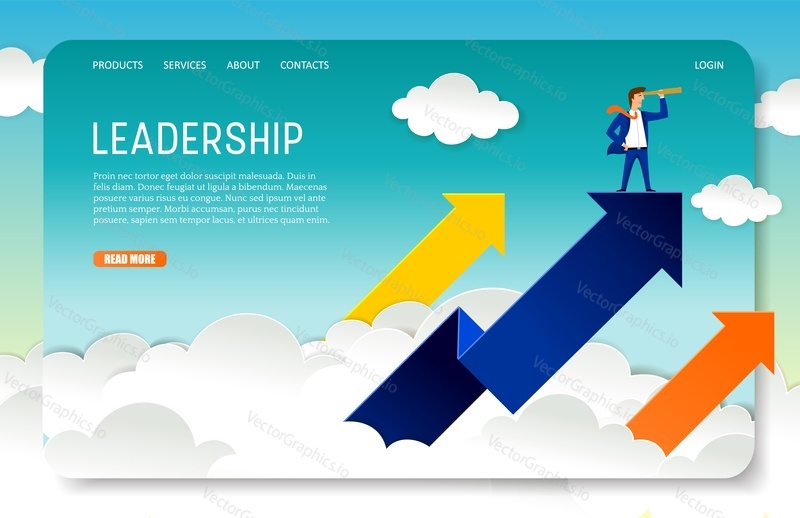 Business leader landing page website template. Vector illustration of businessman looking through telescope while standing on the up arrow. Leadership and vision concept.