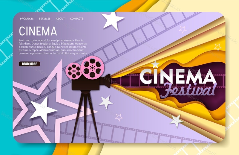 Cinema landing page website template. Vector paper cut motion picture projector with film reels. Cinematography, film industry, cinema festival.