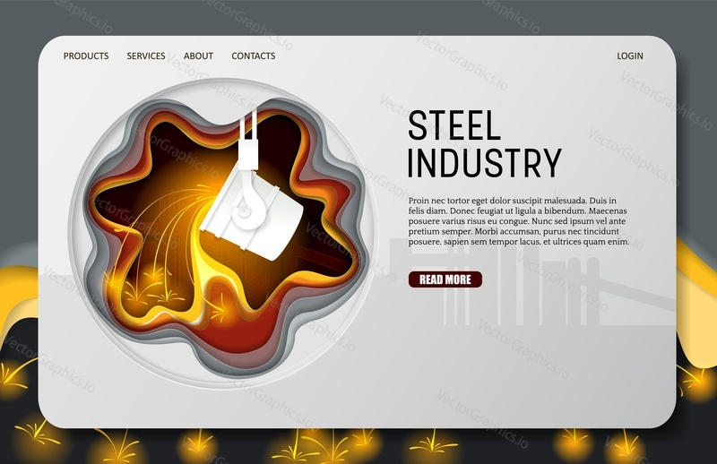 Шаблон веб-сайта целевой страницы сталелитейной промышленности. Векторный вырезанный из бумаги ковш для плавки стали. Процесс плавки чугуна. Металлургическая промышленность.