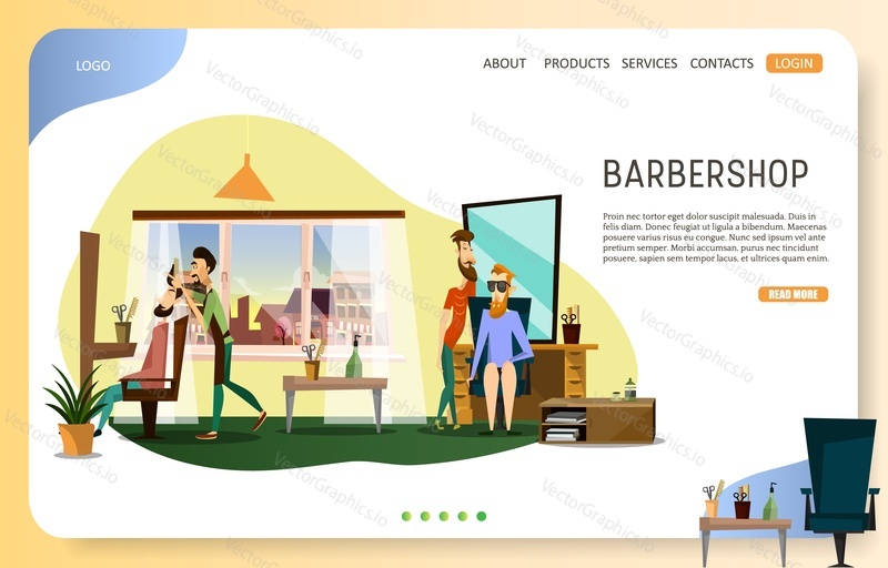 Barbershop landing page website template. Vector illustration of barbers with their clients at barber shop. Haircut, beard trim and shave services concept.