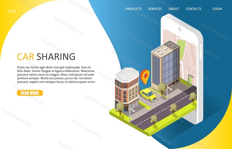 Car sharing service landing page website template. Vector isometric smartphone with city street and auto for rent in parking area. Carpooling service via smartphone with carsharing mobile app concept.