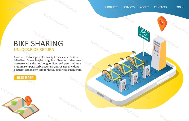 Bike sharing landing page website template. Vector isometric illustration of smartphone with docking station and bicycles for rent, payment terminal. Bike rental app concept.