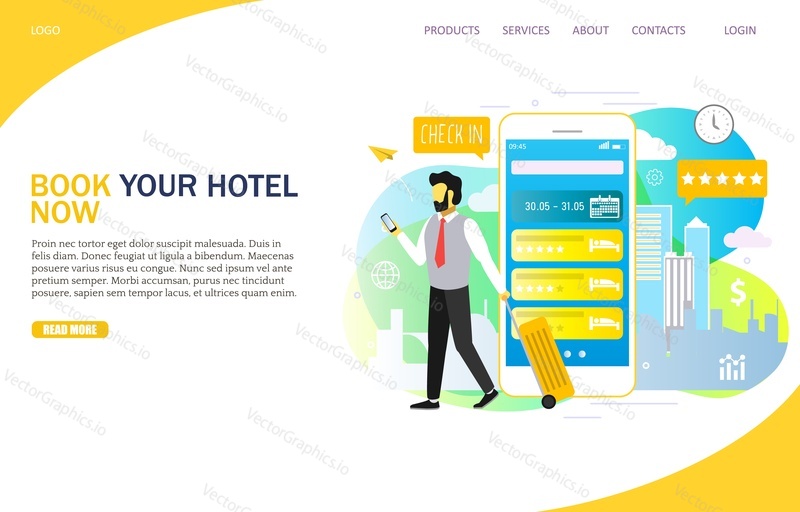 Book your hotel online landing page website template. Vector illustration of tourist with luggage making hotel room reservation via smartphone. Hotel mobile booking concept.