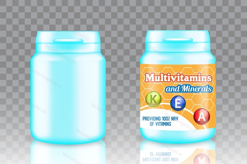 Multivitamins and minerals plastic bottle package mockup set. Vector realistic illustration of blank plastic bottle for vitamin complex and bottle with label isolated on transparent background.