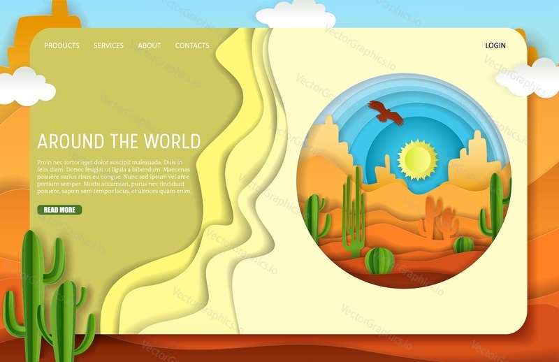 Desert trip landing page website template. Vector paper cut desert with sand dunes, mountains, cactuses and eagle flying high in the sky. Travel around the world concept.