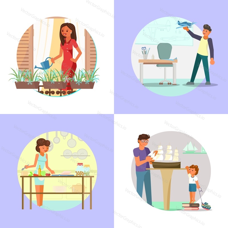 People enjoying their hobbies vector flat illustration. Flower gardening, cooking, model building or model making of aircrafts and ships.