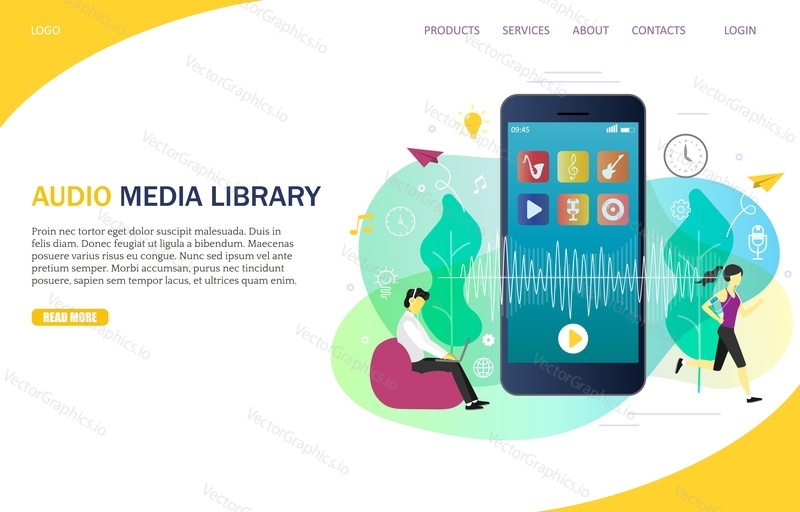 Audio media library landing page website template. Vector illustration of smartphone with audio musical icons, people listening to music from mobile device and computer while working or doing sport.