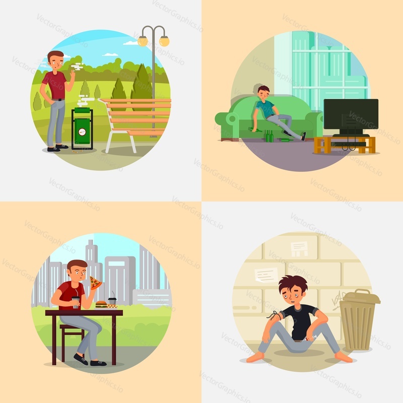 People suffering from various addictions. Vector flat illustration. Smoking, alcoholism, hard drugs, fast food unhealthy eating. Bad habits that cause dependency, lead to social and health problems.