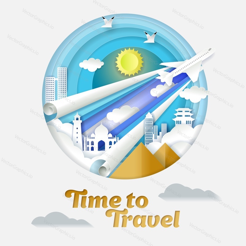 Time to travel vector paper cut illustration. Airplane flying over the worldwide famous places, landmarks. World tour, air travel concept.