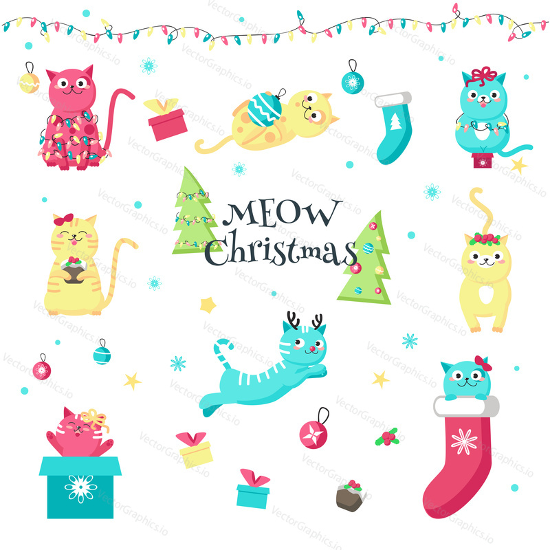 Christmas cats. Vector illustration isolated on white background. Cute kittens with deer antler headband, gifts, holly berries, christmas trees, lights, balls, socks for greeting card, sticker, print.