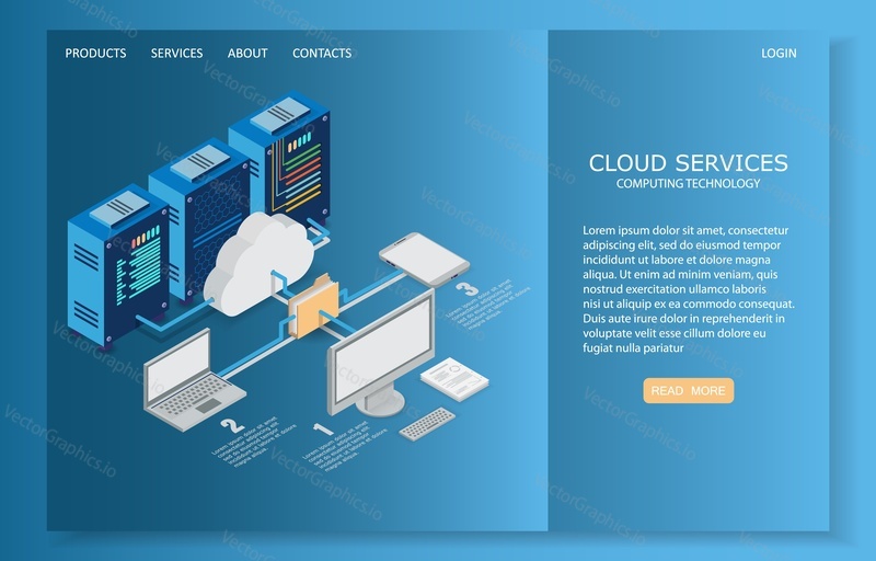 Cloud services landing page website template. Vector isometric illustration. Cloud hosting, network and database concept with desktop pc, laptop, mobile, servers, file folder connected to cloud.