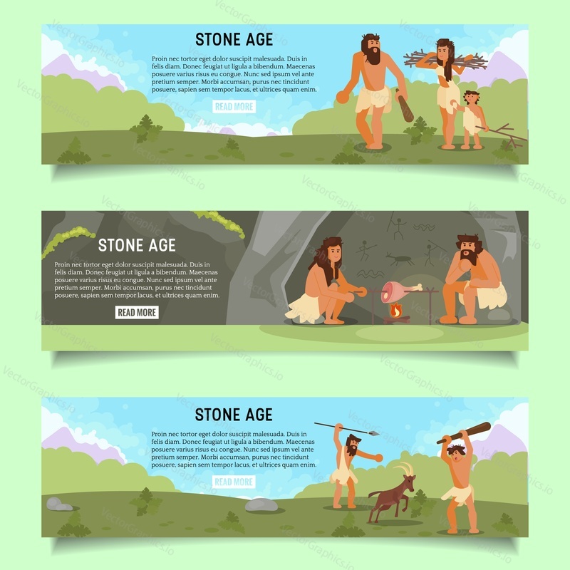 Stone age web banner template set. Vector flat illustration of cavemen primitive prehistoric people hunting, cooking meat on open fire, gathering brushwood in order to make fire.