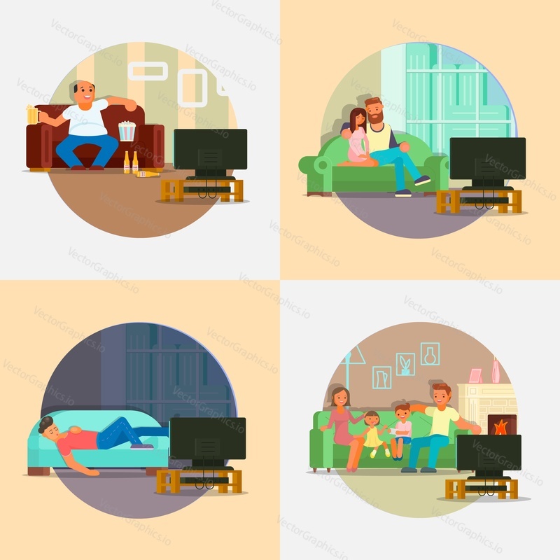 People watching TV vector flat illustration. Man with beer and popcorn, young couple, family with two kids, boy enjoying leisure time at home watching tv while sitting and lying on sofa in living room