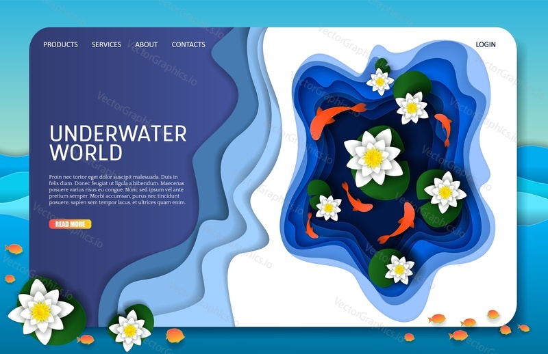 Underwater world landing page website template. Vector paper cut water lily flowers and leaves floating on water and koi fish swimming around in pond.