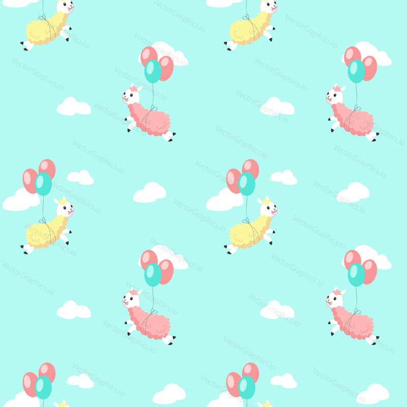 Cute alpacas flying on balloons vector seamless pattern. Creative design for fabric, textile, wallpaper, wrapping paper.