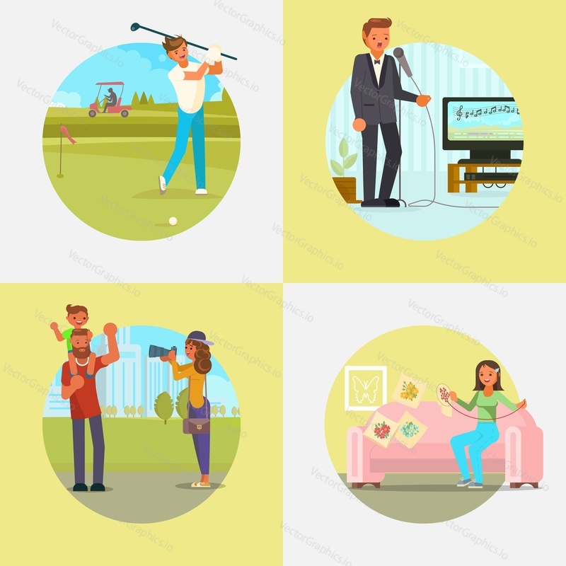 People enjoying their hobbies vector flat illustration. Golf game, karaoke singing, photography and embroidery. Sports, music, arts and craft hobbies.