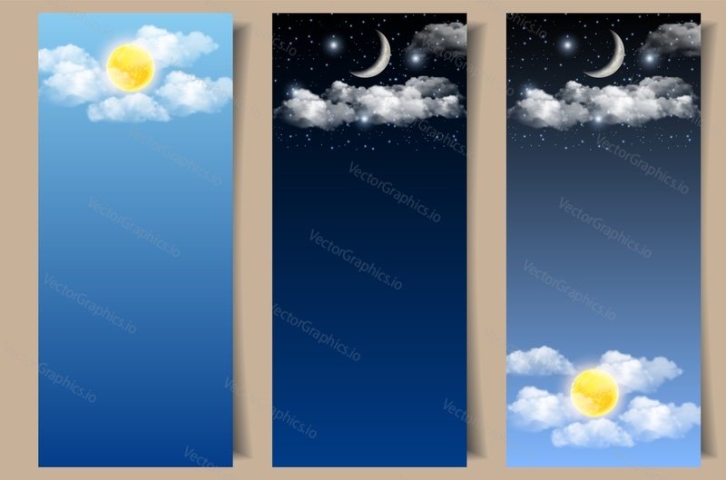 Vector set of day and night banners with sky landscape. Daylight blue sky with sun and white clouds and night dark blue sky with crescent moon and stars.