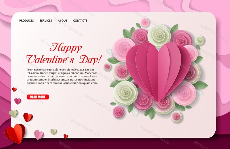 Happy Valentines Day landing page website template. Vector paper cut pink heart surrounded with pink roses.