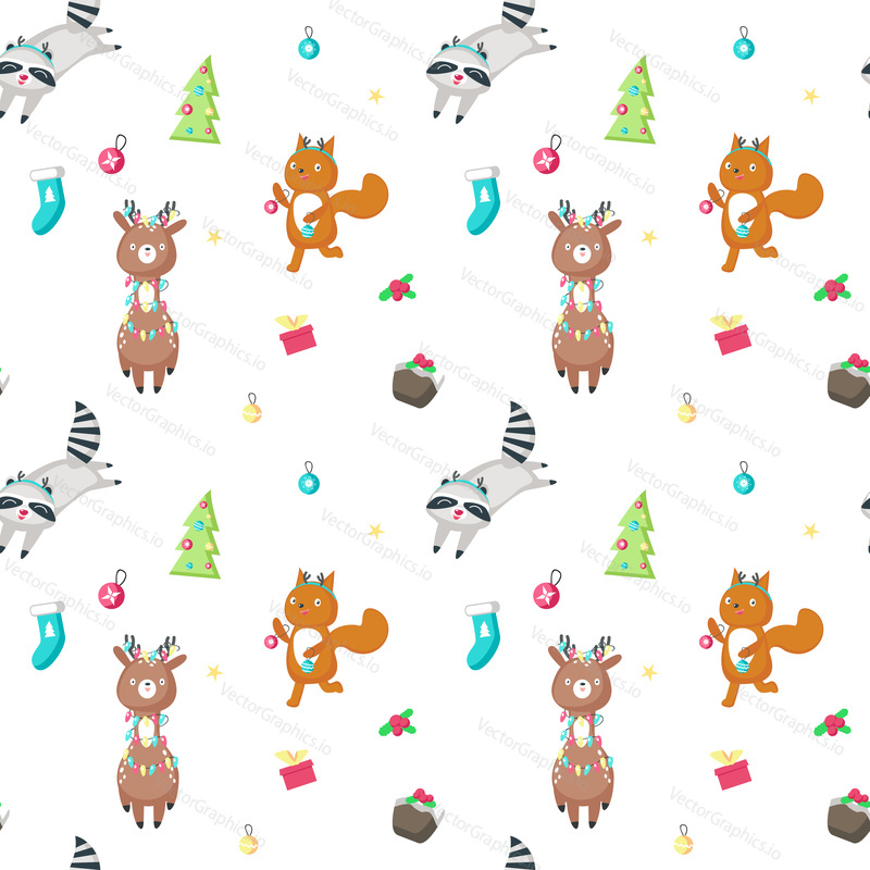 Vector seamless pattern with cute deer, raccoon and squirrel wearing antler headbands and christmas tree lights. Christmas animals background, wallpaper, fabric, wrapping paper.
