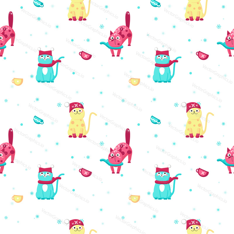 Vector seamless pattern with cute cats wearing warm scarves and hats. Winter holidays background, wallpaper, fabric, wrapping paper.