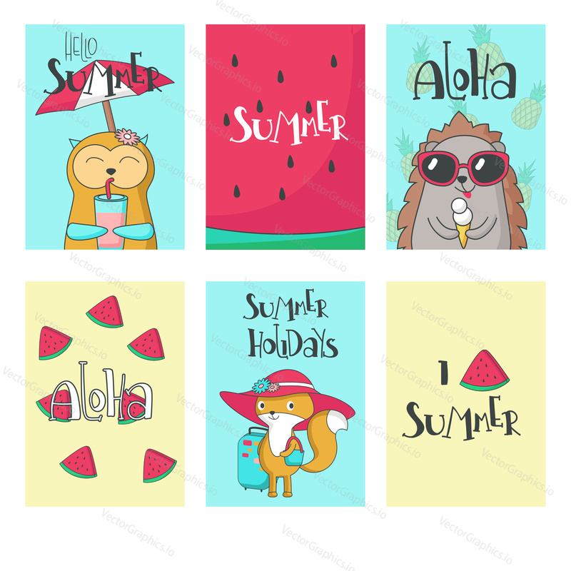 Summer card set, vector hand drawn illustration. Hello summer, aloha, I love summer, summer holidays lettering and cute animals squirrel, hedgehog fox with pineapples and slices of watermelon.