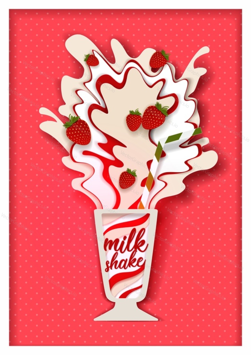 Strawberry milkshake. Vector paper cut glass of whipped iced dairy drink with fresh strawberry, milk splashes design template for recipe, menu, banner, flyer, poster etc.