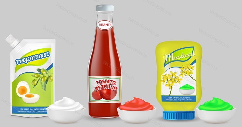 Vector set of different sauces in ceramic dip bowls, mayonnaise in plastic pouch doypack bag, tomato ketchup in glass bottle and mustard in plastic bottle. Food product packaging with label mockups.