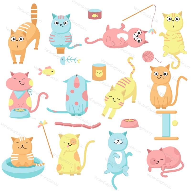 Cute cat icon set, vector hand drawn illustration. Funny kittens licking, meowing playing and eating, pet food and accessories. Greeting card, invitation, poster, sticker and print design elements.