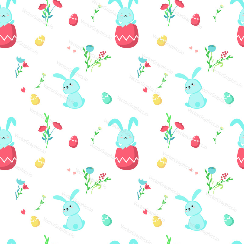 Vector seamless pattern with cute Easter rabbits sitting in paschal eggs and spring flowers. Easter holiday background, wallpaper, fabric, wrapping paper.