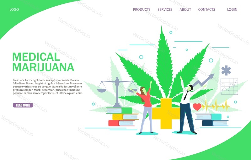Шаблон веб-сайта целевой страницы медицинской марихуаны. Векторная плоская иллюстрация. Лекарственная терапия каннабисом.