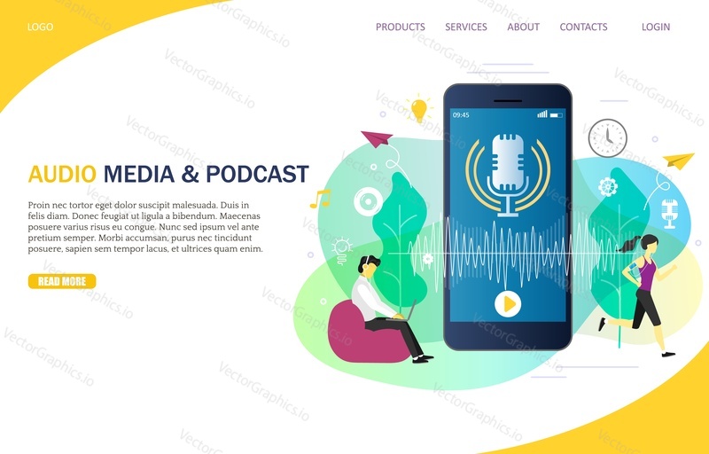 Audio media and podcast landing page website template. Vector illustration of smartphone with microphone on screen, people listening to podcast from mobile and computer while working or doing sport.