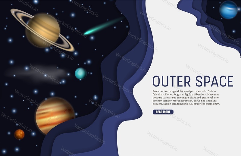 Outer space web banner template. Vector paper cut sky, planets, comet and stars. Space exploration concept, paper art style.