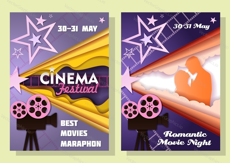 Cinema festival date announcement poster template set. Vector illustration in paper art style. Movie retro flyers, placards.