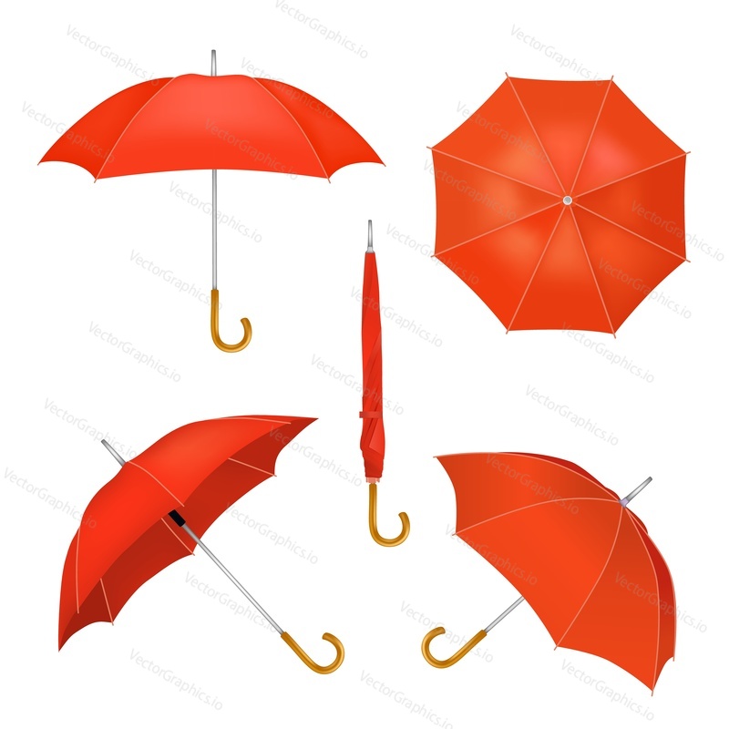 Red umbrella icon set. Vector realistic illustration of folded and opened parasol isolated on white background.