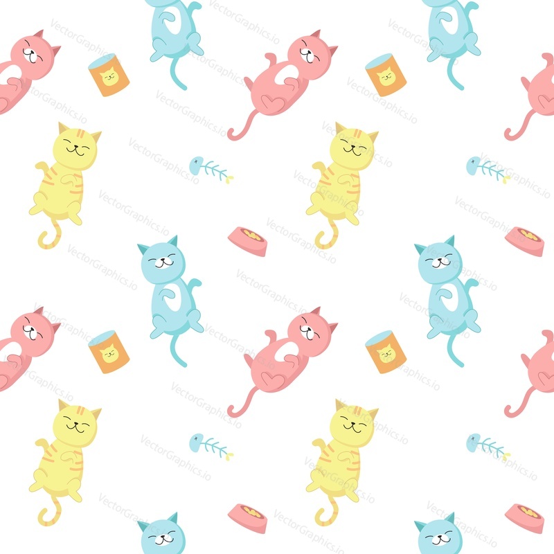 Funny cats vector seamless pattern. Creative design with happy playful cats for fabric, textile, wallpaper, wrapping paper.