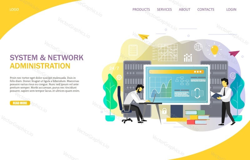 System and network administration landing page website template. Vector illustration of IT professionals, engineers. Server maintenance, network management, computer systems administration.