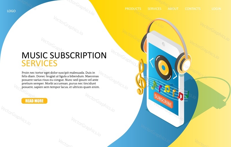 Music subscription services landing page website template. Vector isometric smartphone with headphones, treble clef and notes, subscription button.