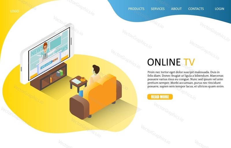Online TV landing page website template. Vector isometric illustration of man watching breaking news via smartphone while sitting on sofa at home.