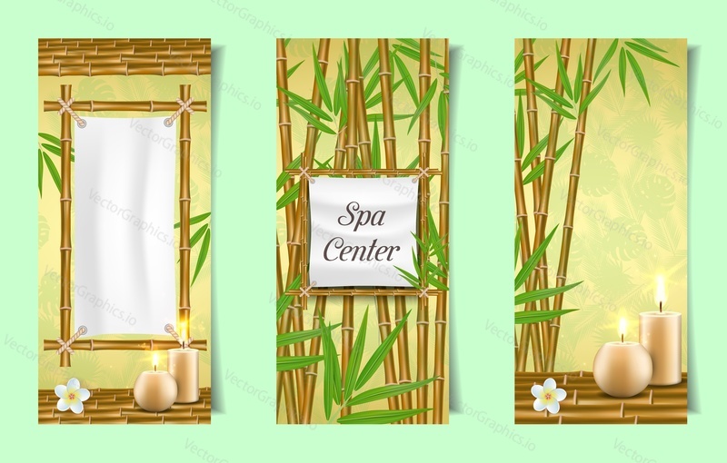 Spa salon banner template set. Vector realistic illustration. Bamboo frame with canvas, bamboo stalks and leaves, aroma candles and flowers. Spa beauty wellness invitation flyer or advertising poster.