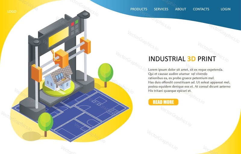 3D printing process landing page website template. Vector isometric industrial 3d printer printing house. Technology of manufacturing and prototype.