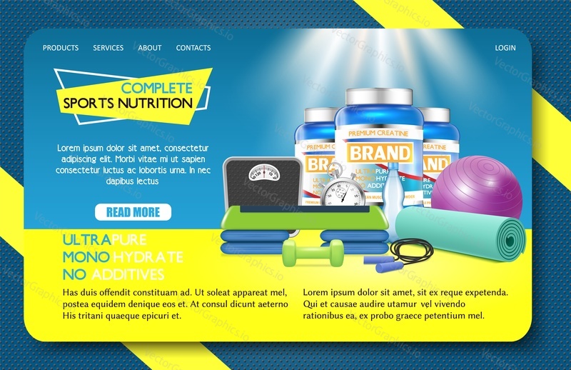 Complete sports nutrition landing page website template. Vector realistic illustration. Nutritional supplements creatine powder product brand. Fitness and healthy lifestyle concept.