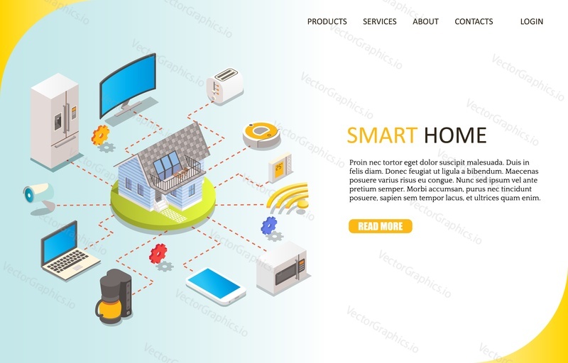 Smart home landing page website template. Vector isometric house with household appliances, security camera other smart devices. Internet of things, home automation concept.