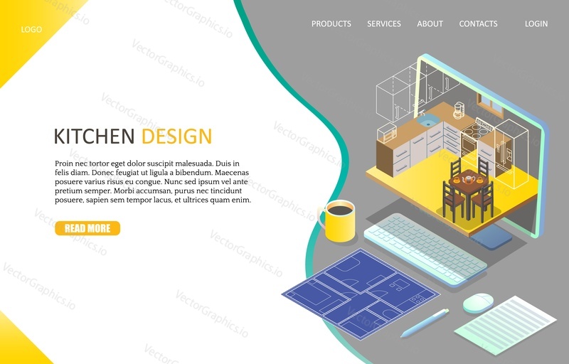 Kitchen design landing page website template. Vector isometric desktop computer with kitchen furniture 3d models and house blueprint in front of it. Online interior planning concept.
