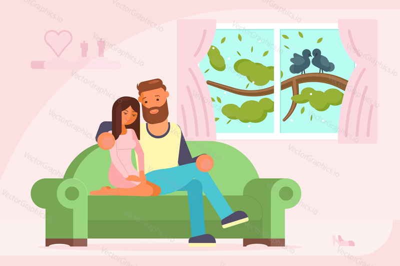 Vector illustration of young couple talking to each other while sitting on sofa in living room. Flat style design.