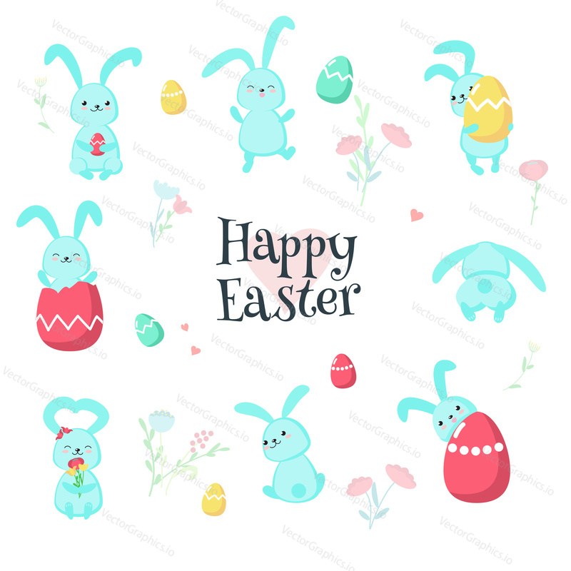 Cute Easter rabbits with painted Easter eggs, hearts and spring flowers. Vector illustration isolated on white background. Cartoon funny little bunnies for greeting card, sticker, print.