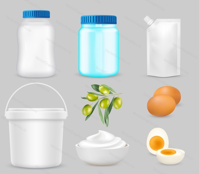 Mayonnaise package mockup set. Vector realistic isolated illustration of blank glass jar, plastic pouch doypack bag and bucket with caps, sauce in bowl, eggs, olives. Food product packaging.