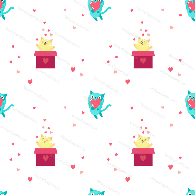 Vector seamless pattern with cute cats in love. Happy romantic kittens with hearts background, wallpaper, fabric, wrapping paper.